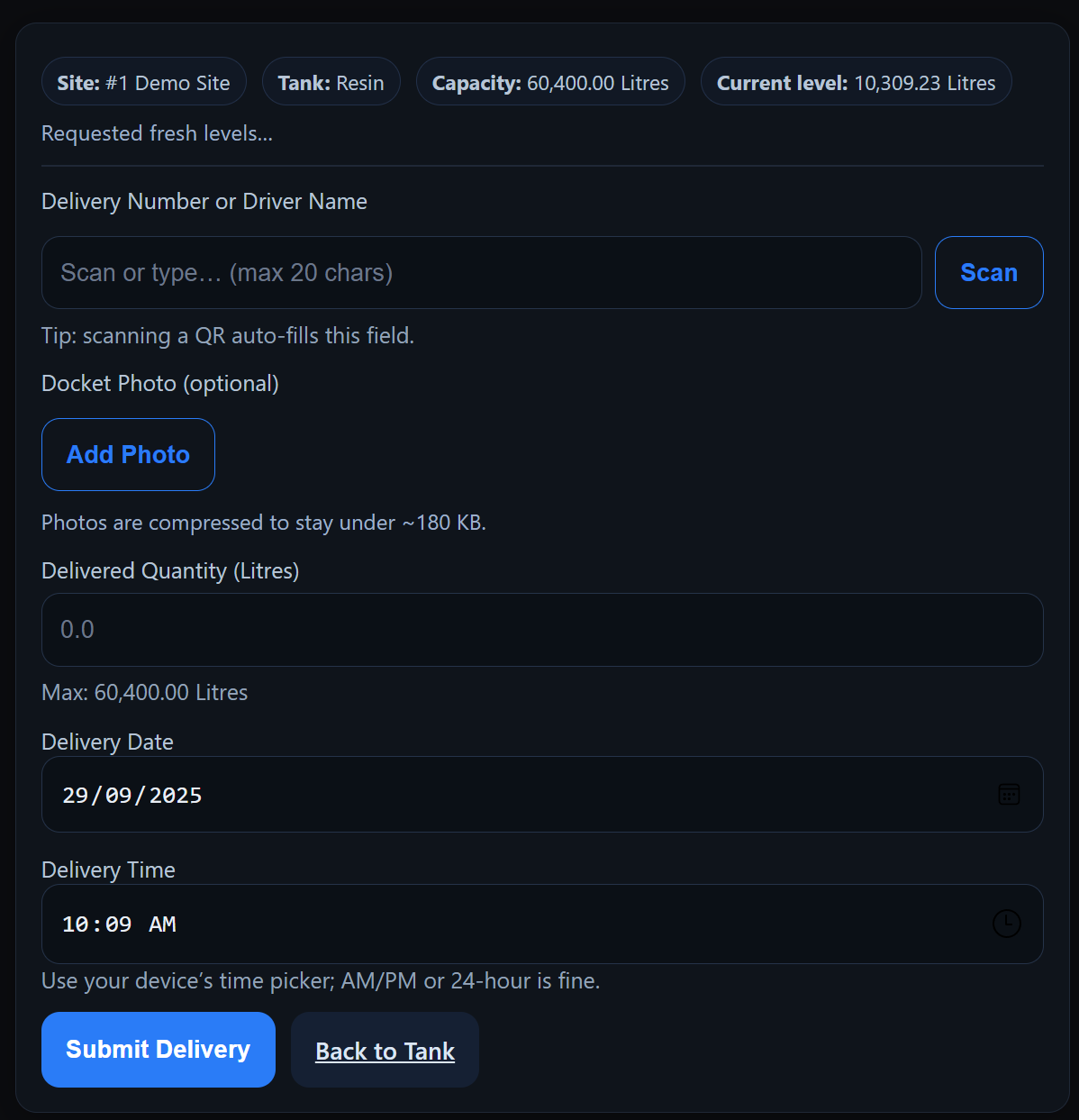 Driver Login — Enter Delivery form showing site, tank, quantity, date/time and photo upload
